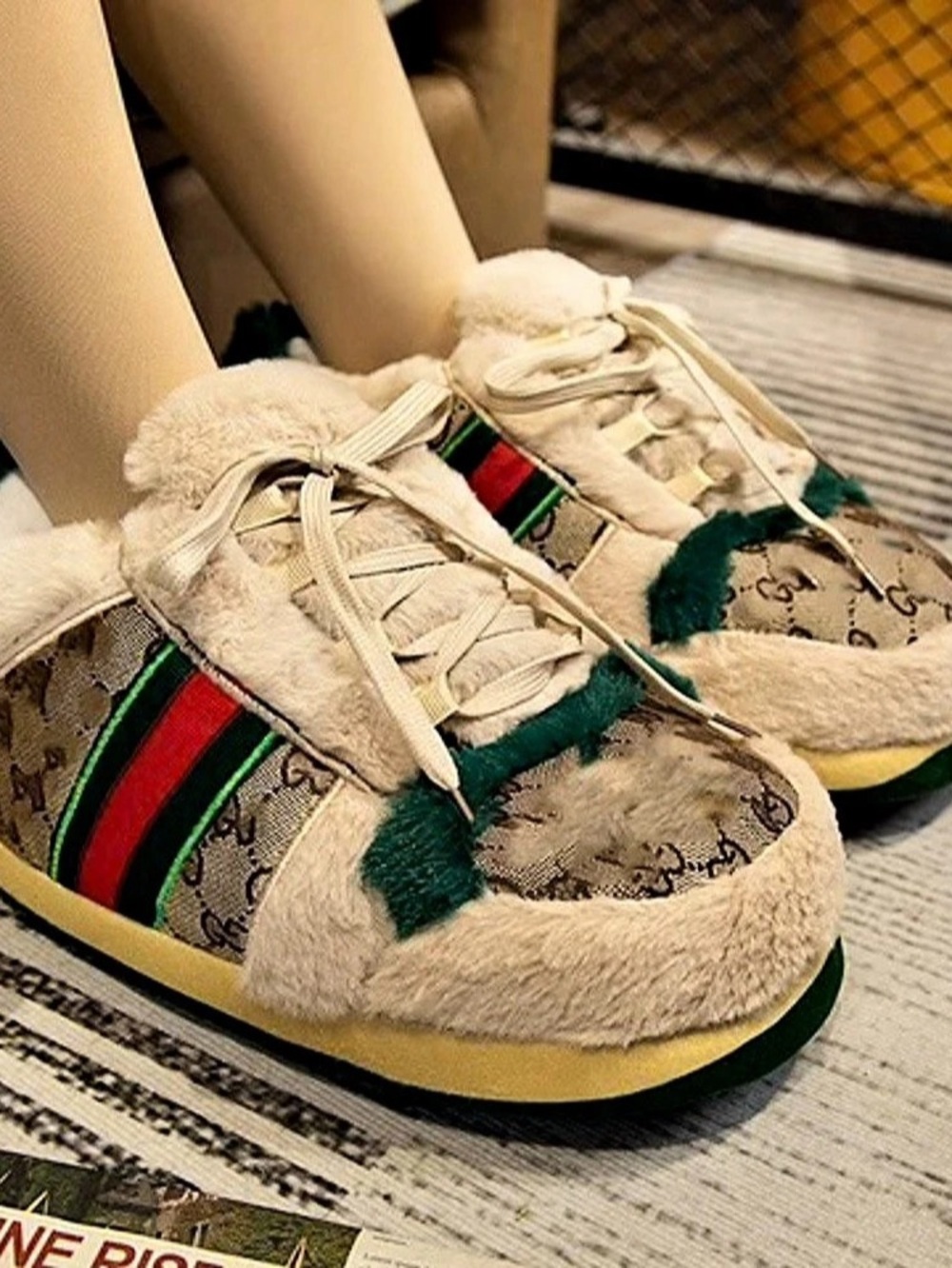 Gucci Fur Trim GG Stripe Slippers